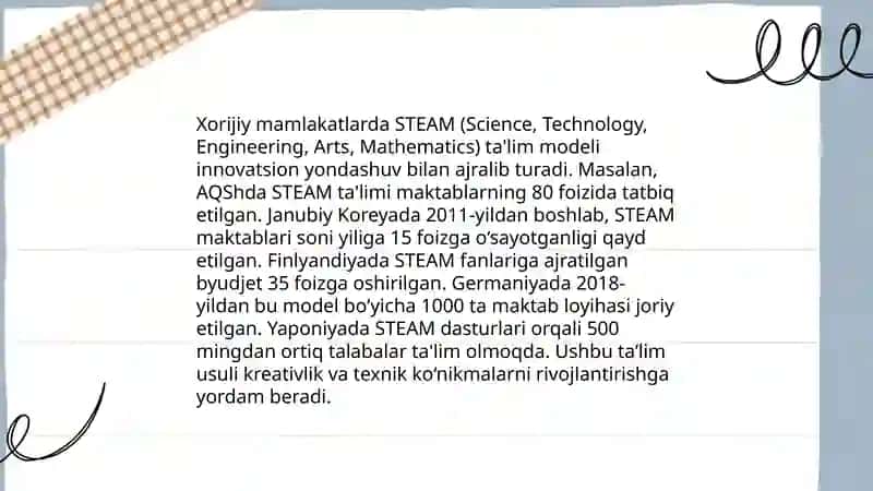 Xalqaro davlatlar ta‘lim-tarbiya jarayonida STEAM texnologiyasidan foydalanish va tahlili 4