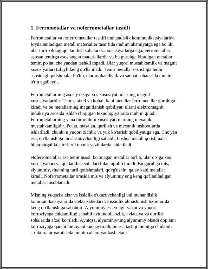 MUHANDISLIK KOMMUNIKATSIYALARIDA FOYDALANUVCHI METAL MATERIALLAR TASNIFI TURLARI BO'YICHA 4