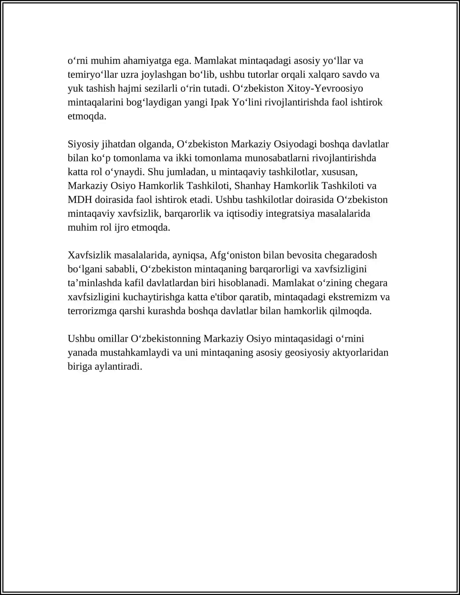OʻZBEKISTONNING MARKAZIY OSIYODA TINCHLIK BARQARORLIK TAʼMINLASHDAGI OʻRNI 4