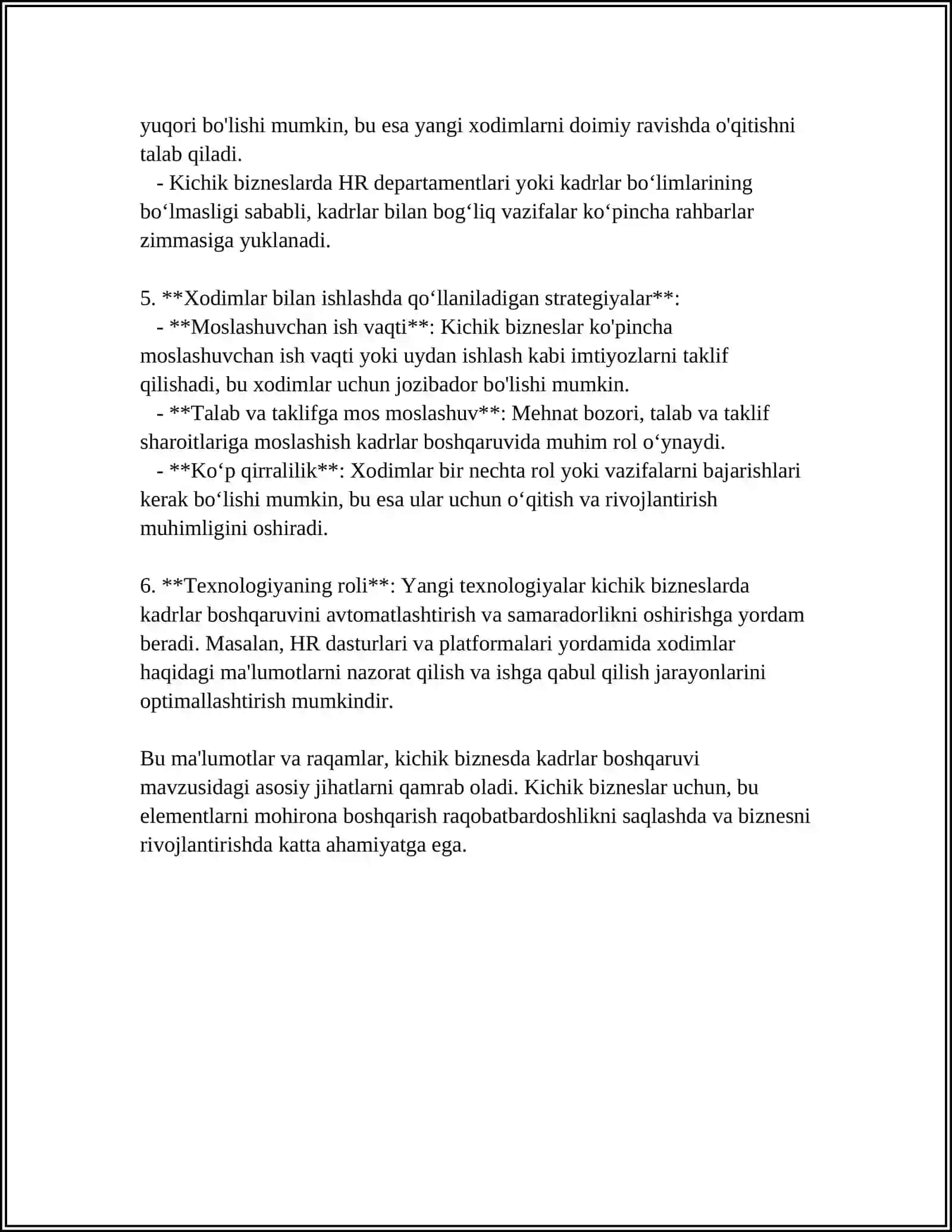 KICHIK BIZNES VA XUSUSIY TADBIRKORLIKDA XODIMLAR MEXNATDAN FOYDALANISH XOLATINI TAXLILI 4
