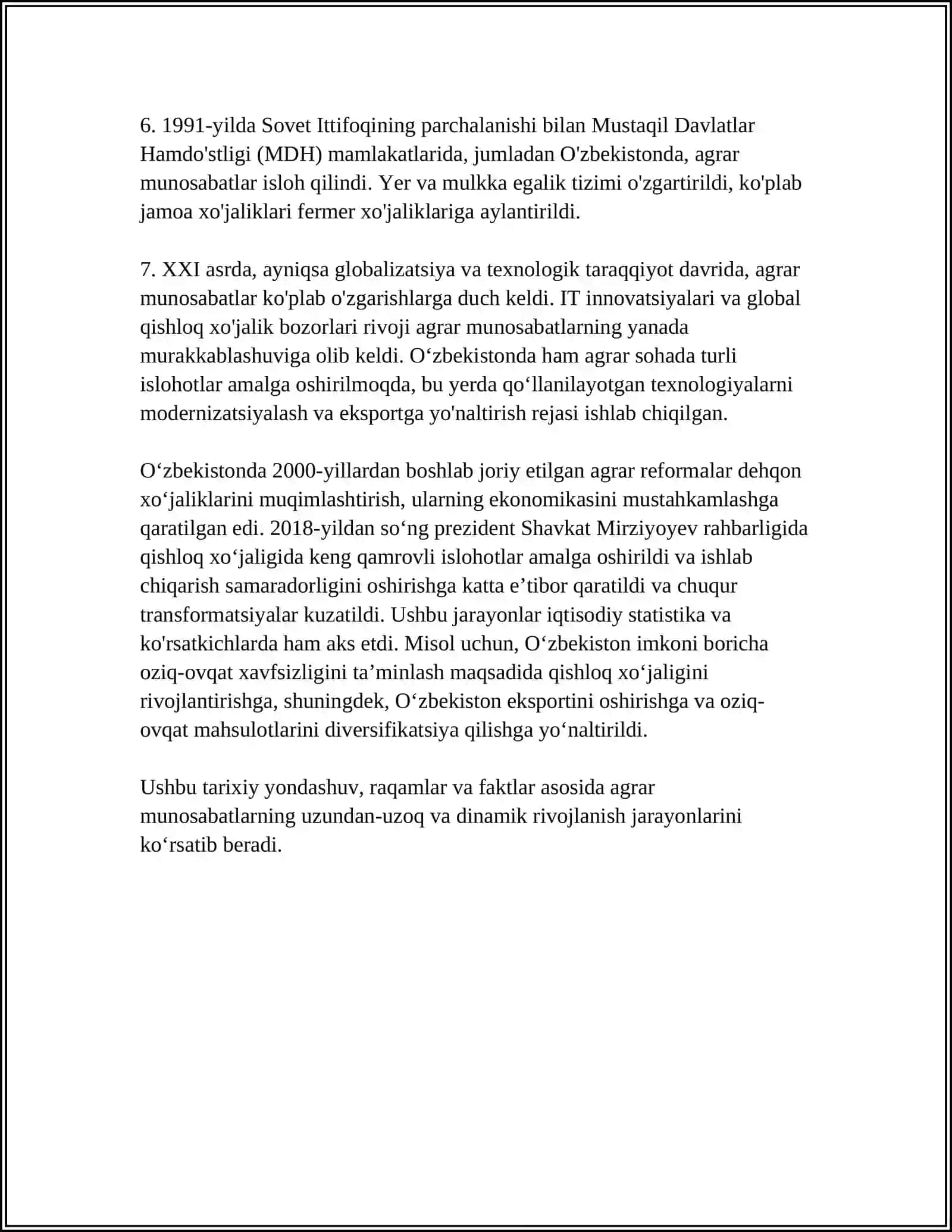 MUSTAQIL ISH Mavzu: "AGRAR MUNOSABATLAR VA ULARNI BOZOR TIZIMIDAGI XUSUSIYATLARI" 4
