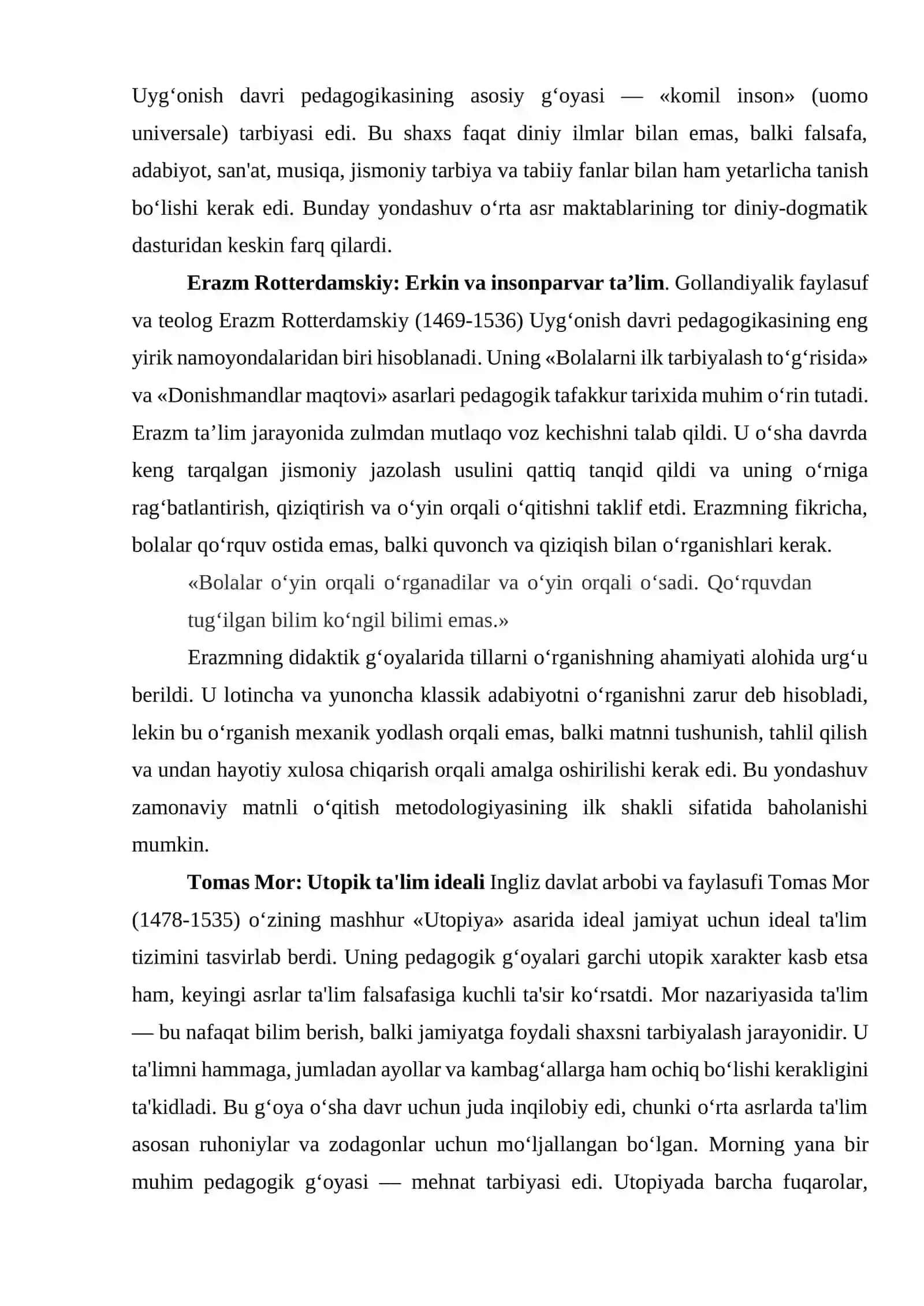 Jadid mutaffakirlarining pedagogik qarashlari. G‘arb Uyg‘onish davri pedagogikasi namoyondalarining didaktik g‘oyalari. Mavzular doirasida esse tayyorlash 4