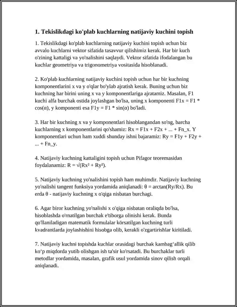 Tekislikdagi kuchlar sistemasining natijaviy kuchini topish 4
