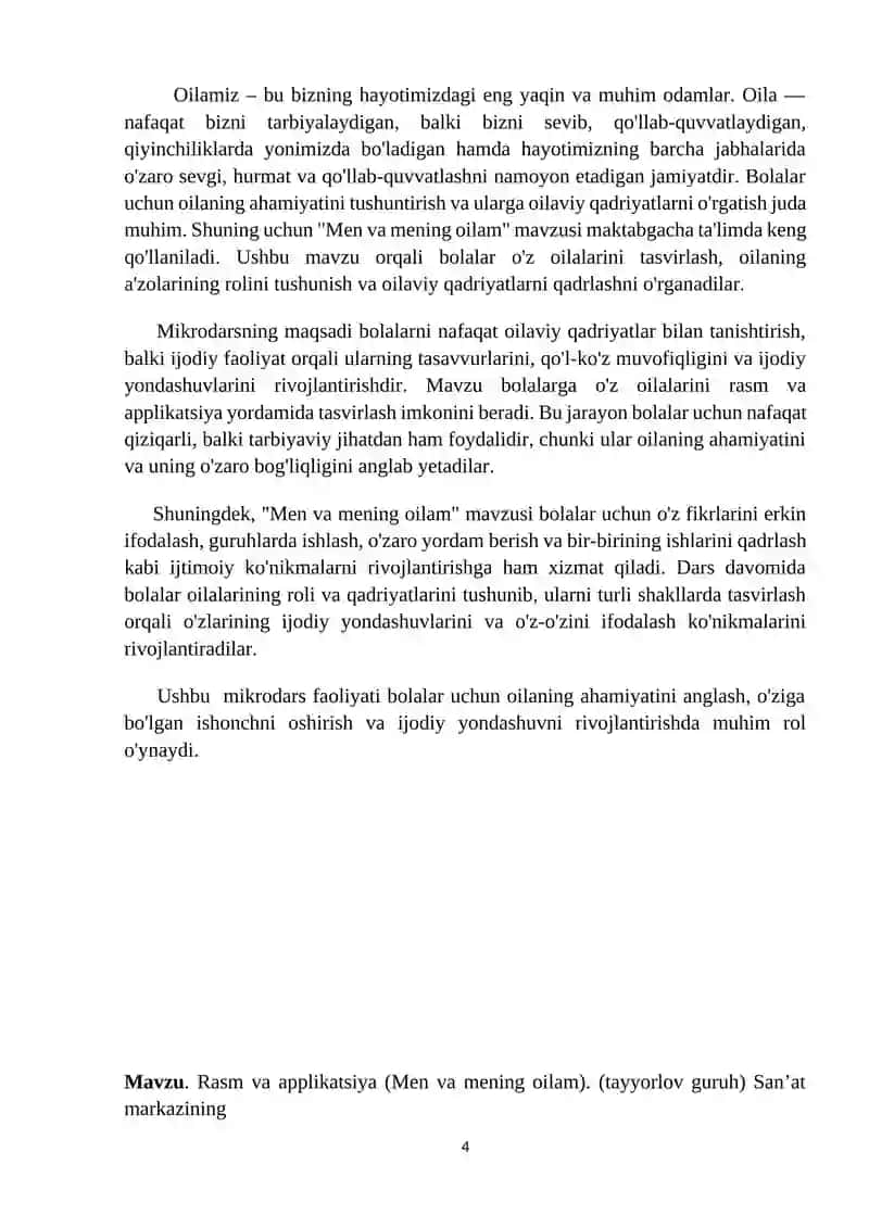 Rasm va applikatsiya (Men va mening oilam). (tayyorlov guruh) Sanʼat markazi 4