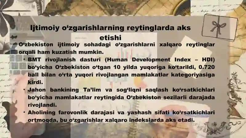 Yangi Õzbekiston ijtimoiy-siyosiy iqtisodiy va madaniy hayotida ro'y berayotgan o'zgarishlarning reyting va indekslarda aks etishi 4