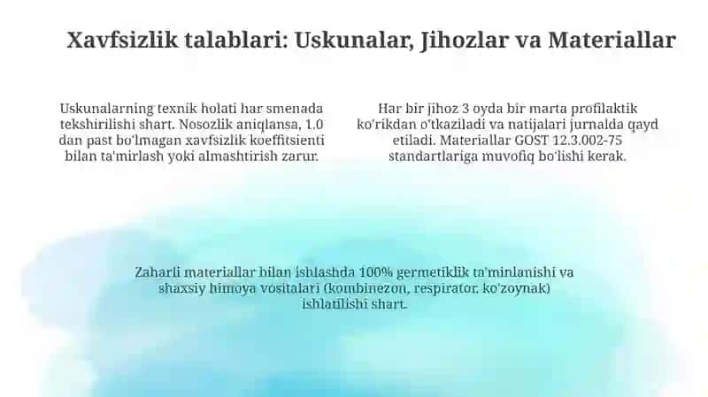 Taʼlim muassasalarining oʻquv ishlab chiqarish ustaxonalari uchun mehnatni muhofaza qilish qoidalari 4