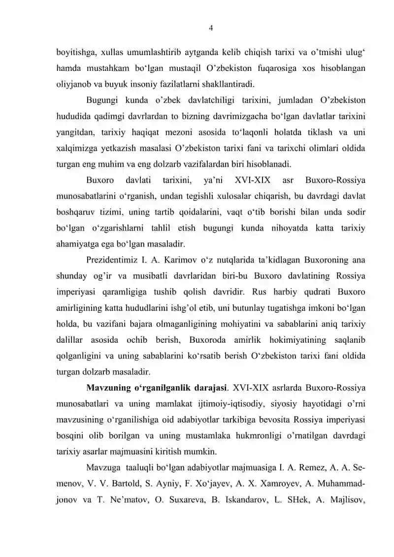 XVI-XIX asrlarda Buxoro-Rossiya munosabatlari va uning mamlakat ijtimoiy-iqtisodiy, siyosiy hayotidagi o’rni 4