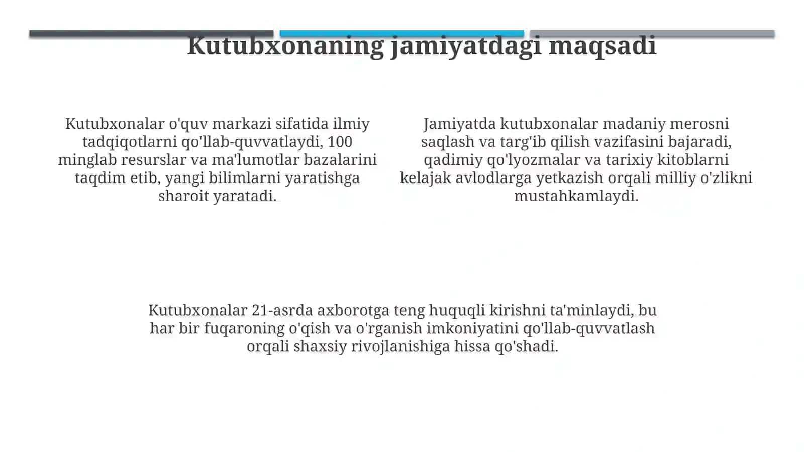 Kutubxonashunoslik faniga kirish.Kutubxonaning jamiyatdagi o‘rni vazifalari va maqsadi 4