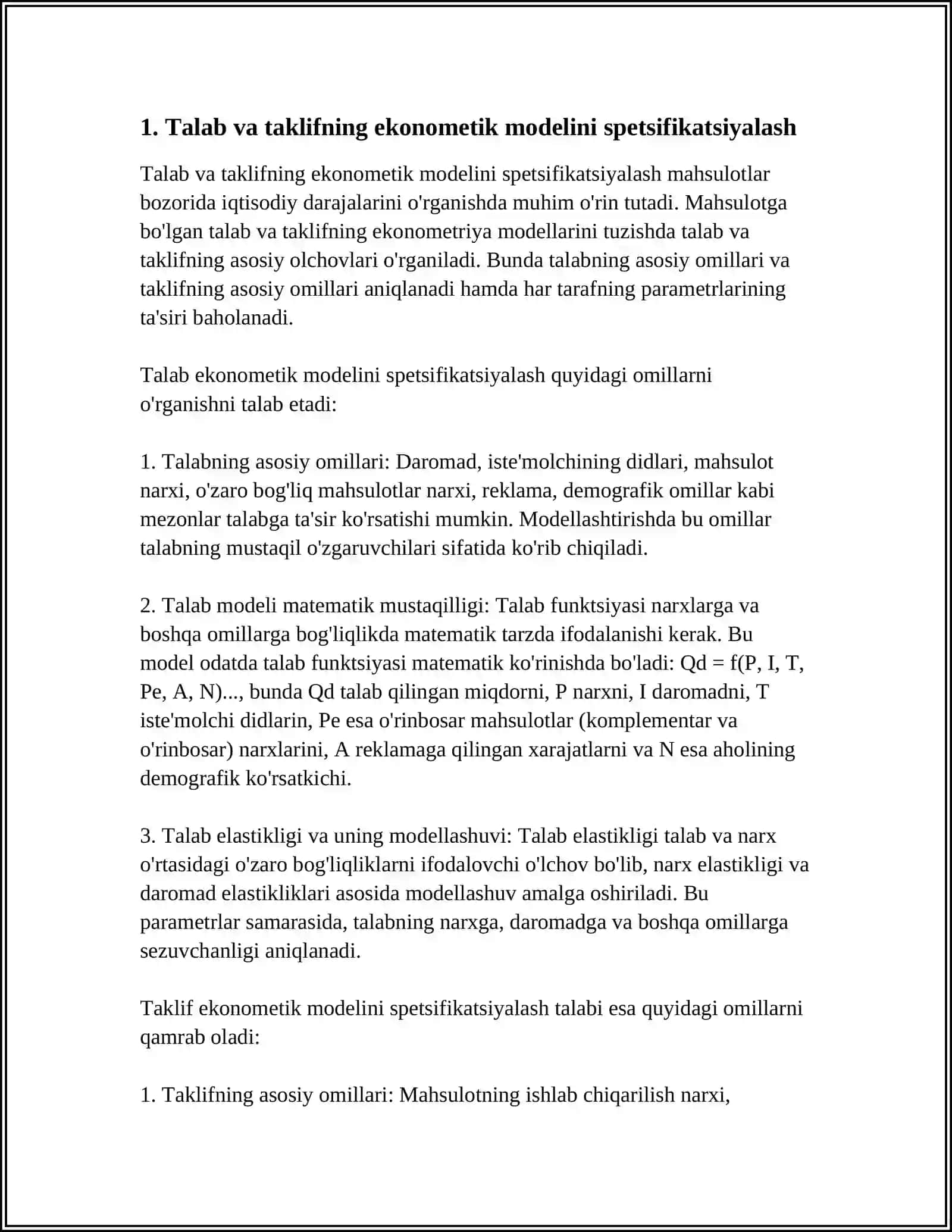 MAHSULOTGA BO'LGAN TALAB VA TAKLIFNING EKONOMETRIK MODELLARNI TUZISH 4