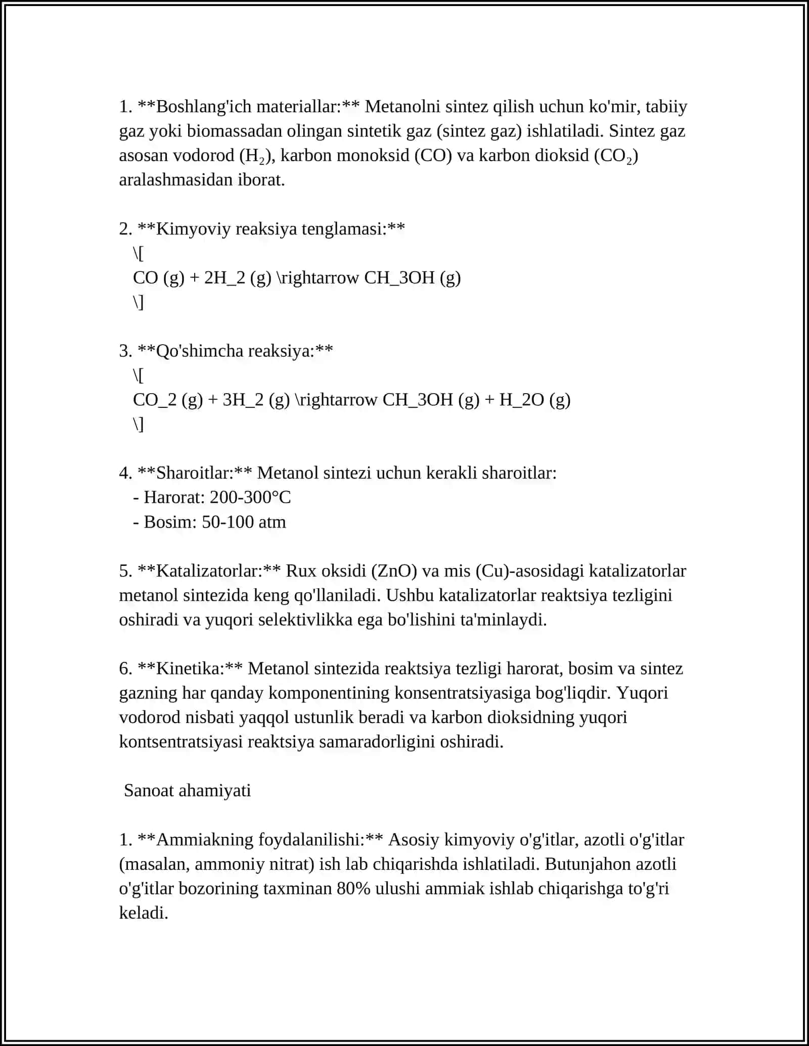 Gaz fazali reaktorlarda amyak va metanol sintezi 4