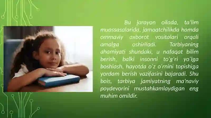 Tarbiya jarayonining mohiyati, mazmuni, tarbiya tamoyillari va metodlari 4