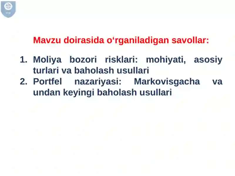 MOLIYA BOZORI RISKLARI VA PORTFELNI BOSHQARISH 4