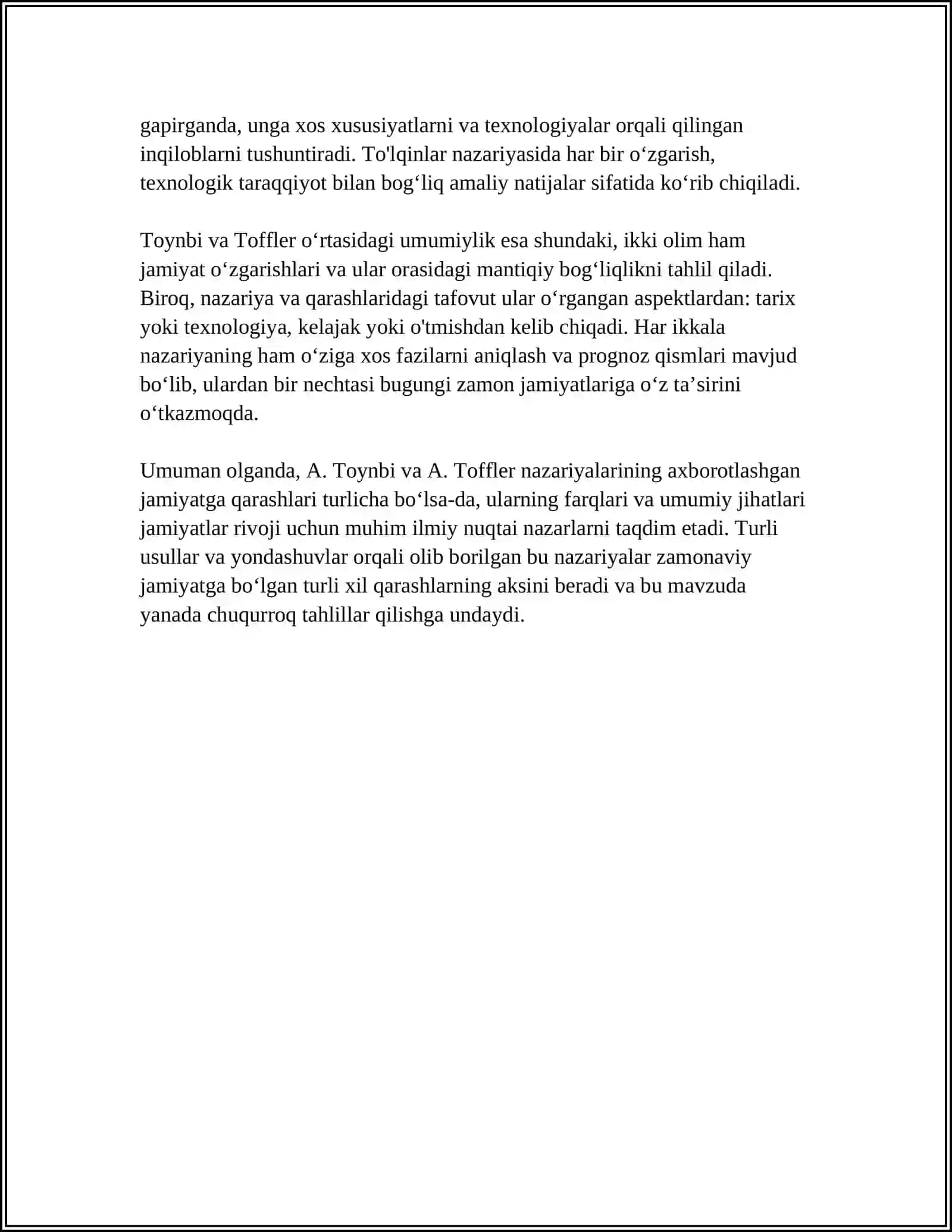 "AXBOROTLASHGAN JAMIYAT VA UNING ISTIQBOLLARI" MAVZUDIDA ESSE TAYYORLASH(A.TOYNBI E.TOFFLER ASARNING QIYOSIY TAHLILI ASISIDA) 4
