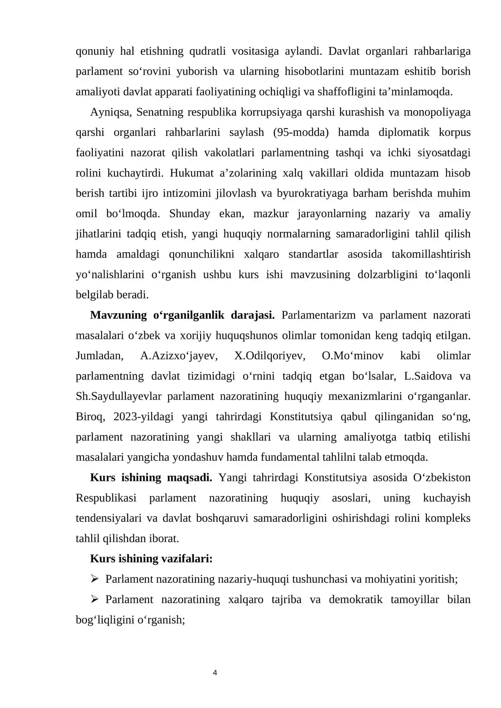 Yangi tahrirdagi Konstitutsiyada parlament nazoratining kuchayishi kurs ishi 4