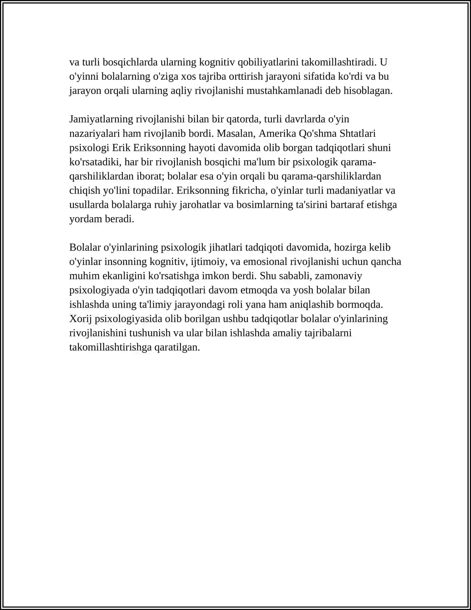 XORIJ PSIXOLOGIYASIDA BOLALAR O'YININING NAZARIYASI VA MUAMMOLARI TADQIQOTLARI 4