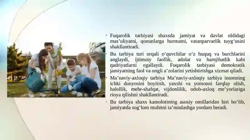 Iqtsodiy va ekologik tarbiya.Fuqarolik tarbiyasi.Ma’naviy-axloqiy tarbiya. 4