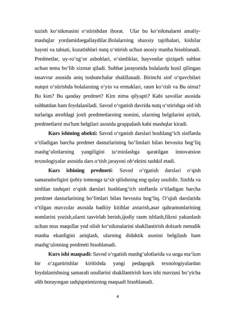 Savod o‘rgatish davridagi dars tiplari. Ularning maqsad, mazmuni va ko’rinishi 4