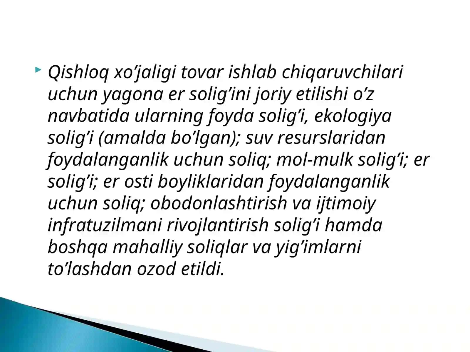 Yagona er solig’i to`lovchilar, soliq ob’ekti va stavkalar 4