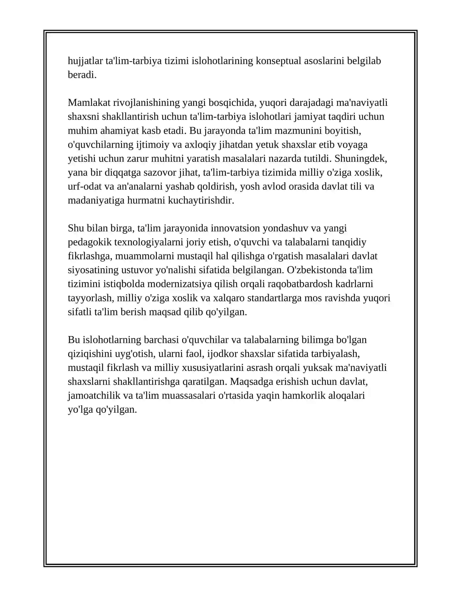 O'ZBEKISTON RESPUBLIKASI RIVOJINING YANGI BOSQICHIDA TA'LIM-TARBIYA ISLOHOTLARI. YUKSAK MA'NAVIYATLI SHAXSNI SHAKLLANTIRISH HAQIDAGI KONSEPTUAL GʻOYALAR 4