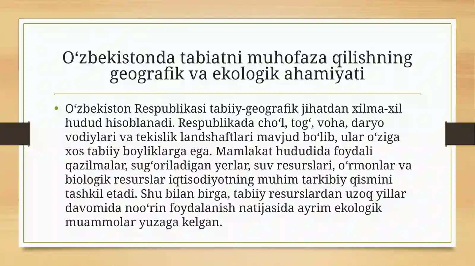 O'ZBEKISTONDA TABIATNI VA TABIIY RESURSLARNI MUHOFAZA QILISH. QO'RIQXONALAR, BUYURTMALAR VA MILLIY BOG'LAR 4
