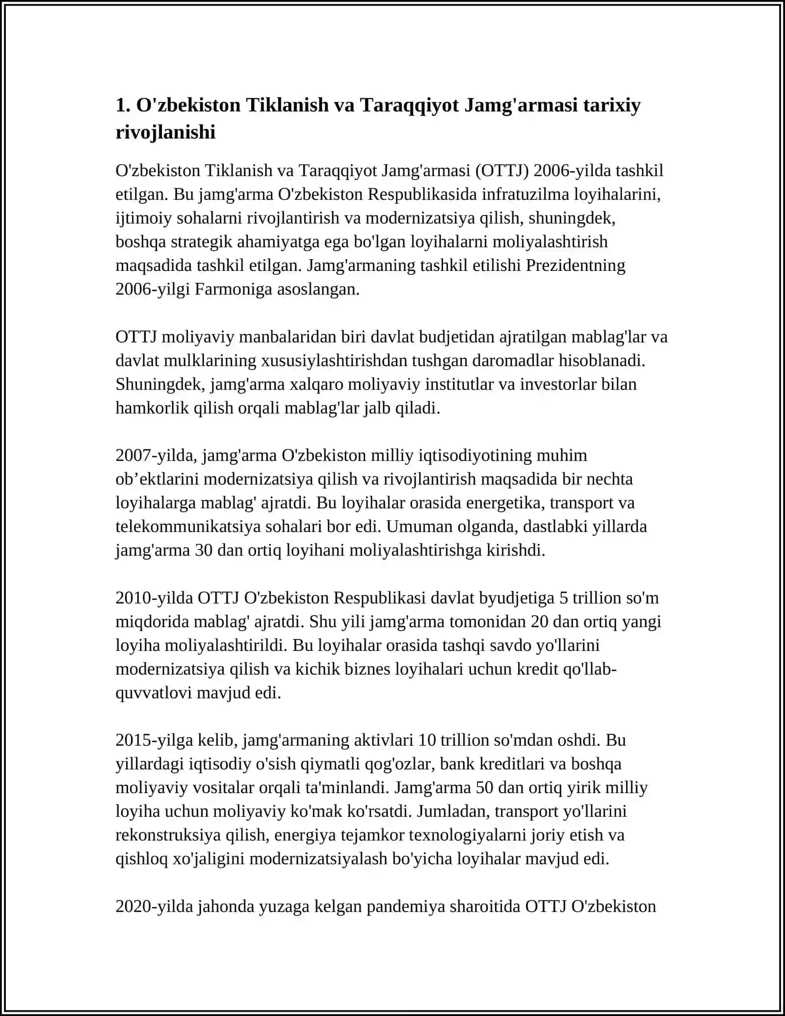O‘ZBEKISTON TIKLANISH VA TARAQQIYOT JAMG'ARMASI MABLAG'LARI HISOBIGA INVESTITSIHA LOYIHALARINI MOLIYALASHTIRISH 4