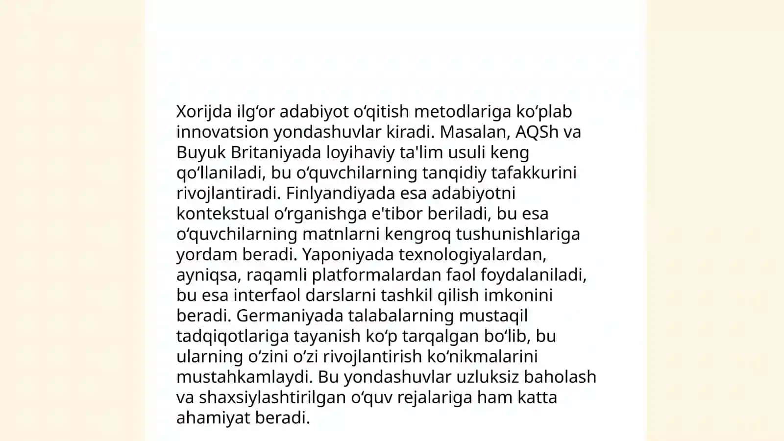 O'zbekiston ta'lim muassasalarida amal qilinayotgan adabiyot o'qitish metodlarini xorijdagi o'qitish metodlari bilan qiyoslab o'rganish 4