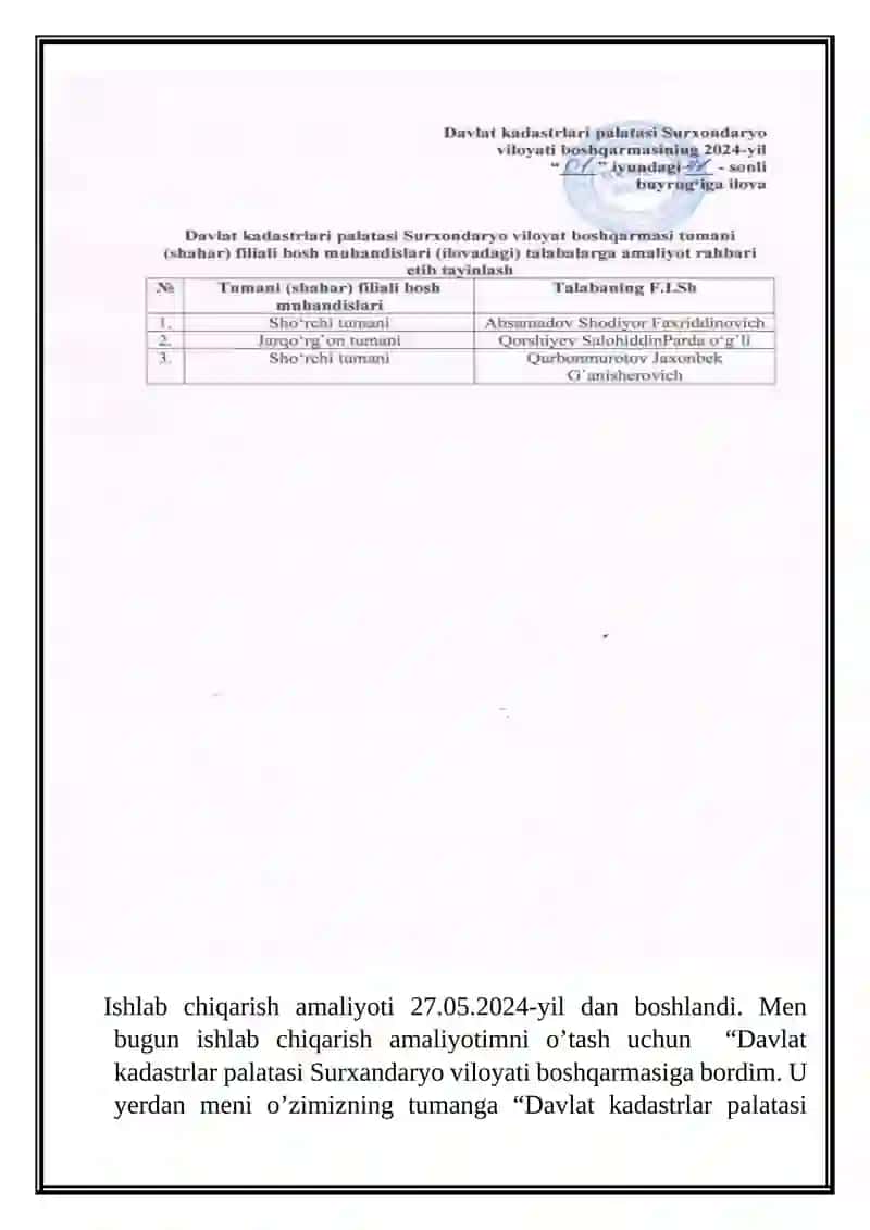 Geodeziya va geoinformatika yo'nalishi bo'yicha bitiruv oldi amaliyoti hisoboti 4