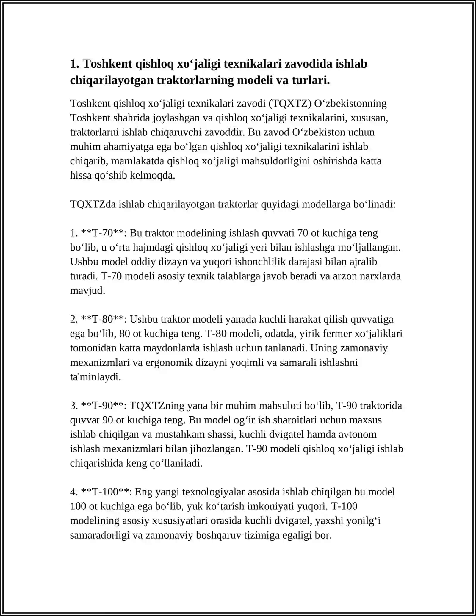 Toshkent Qishloq xo‘jaligi texnikalari zavodida ishlab chiqarilayotgan traktorlarning texnik-iqtisodiy ko‘rsatgichlari 4