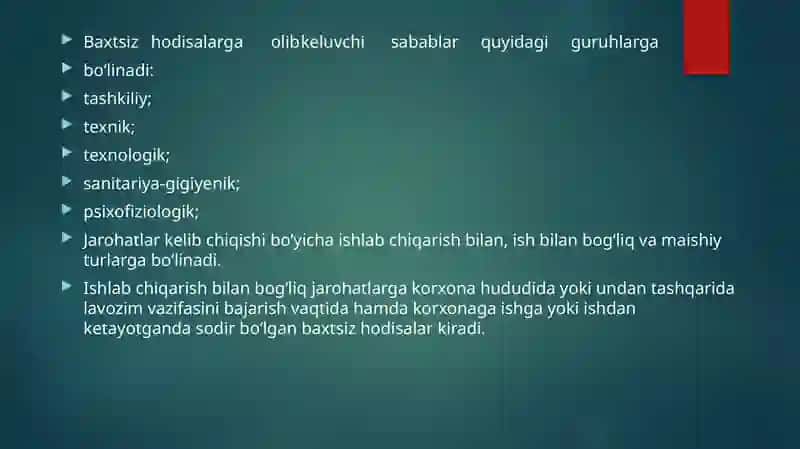 ISHLABCHIQARISHDA BAXTSIZ VA ISHLOVCHILAR SOG‘LIG‘IGA ZARAR KELTIRUVCHI BOSHQA HODISALARNI TAFTISH QILISH VA KERAKLI HUJJATLARNI RASMIYLASHTIRISH 4