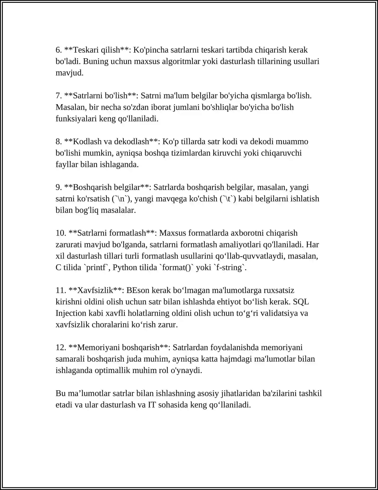MUSTAQIL ISH Mavzu: SATRLAR BILAN ISHLASH 4