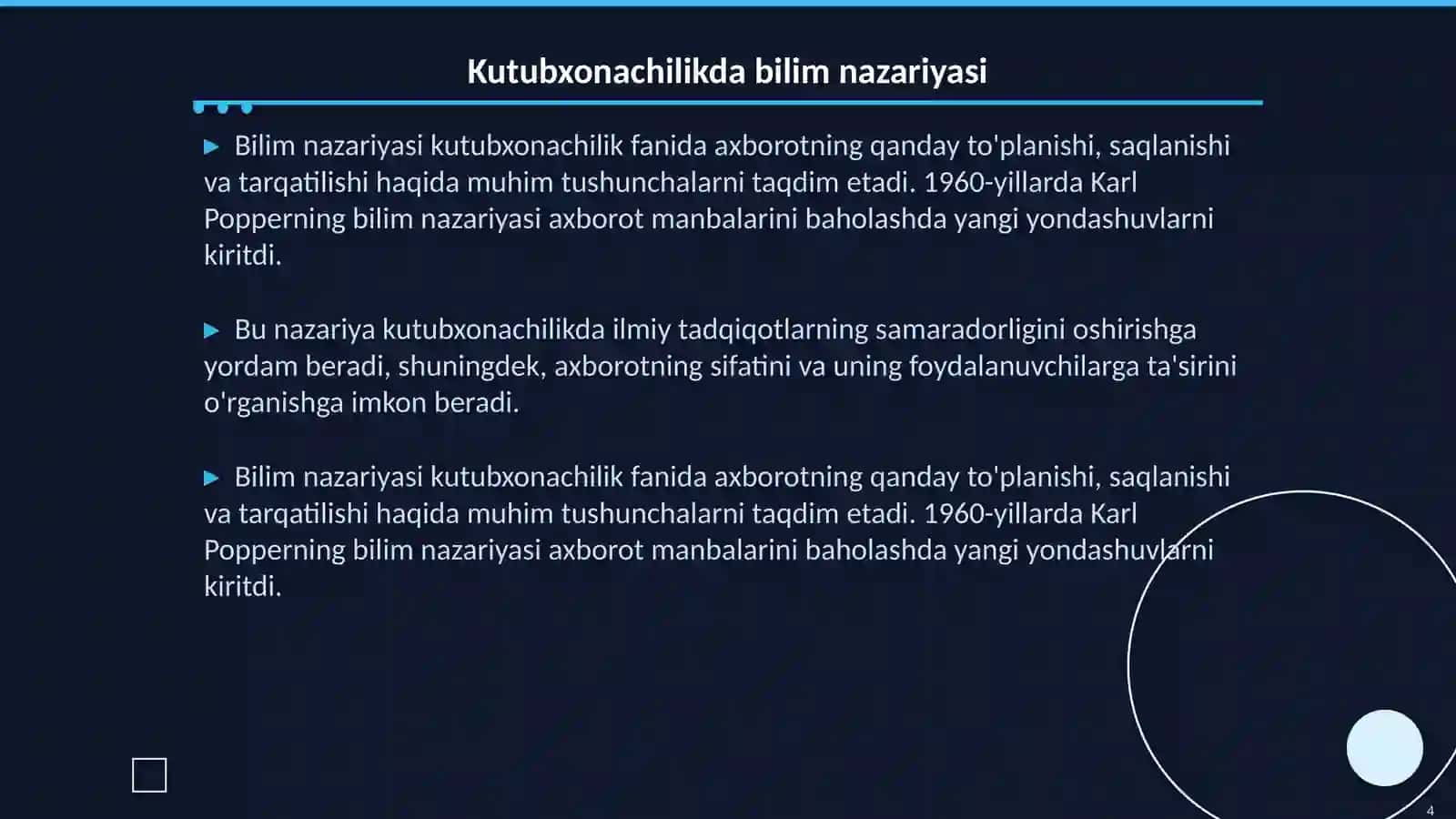Kutubxonachilik fani uchun metodologik ahamiyatga ega bo'lgan falsafaning asosiy qonuniyatlari va tamoyillari 4