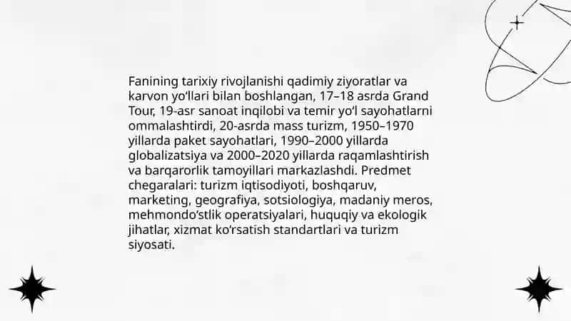 Turizm va mehmondo'stlik fanining, maqsadi, vazifasi va predmeti 4