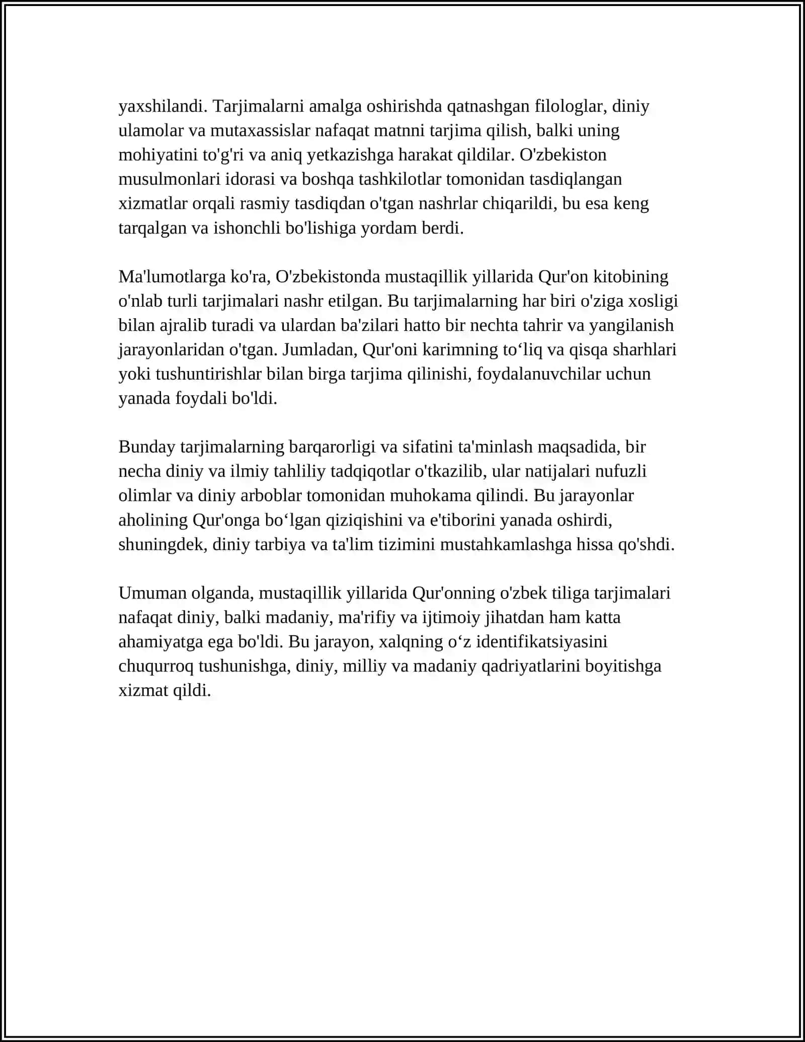 MUSTAQILLIK YILLARIDA QUR’ONNING OZBEK TILIGA TARJIMA QILINISHI VA TAFSIRLARI 4