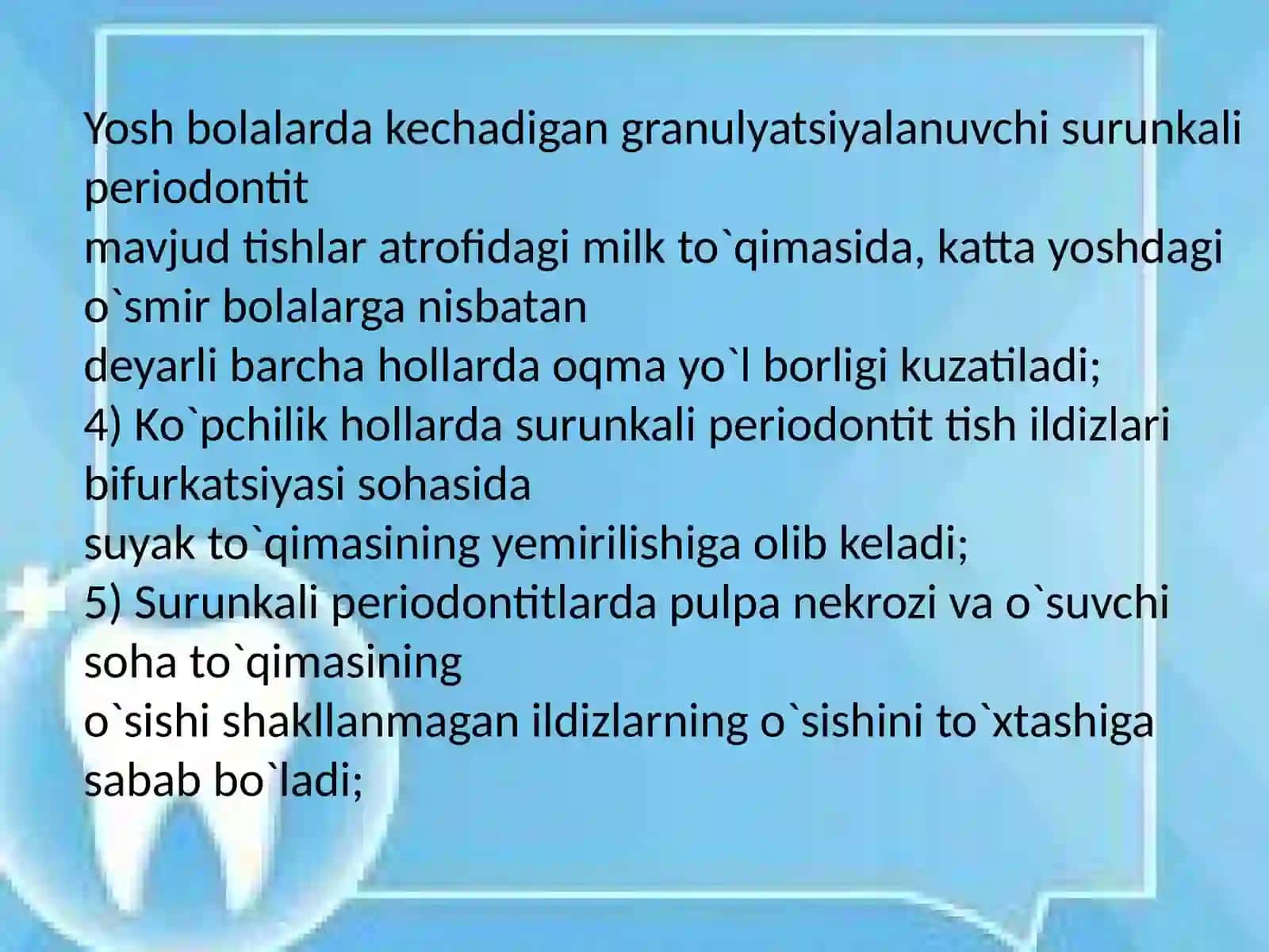Bolalarda ildizi shakllanmagan doimiy tishlarda surunkali periodontitlarning turlariga xos belgilarni aniqlash 4