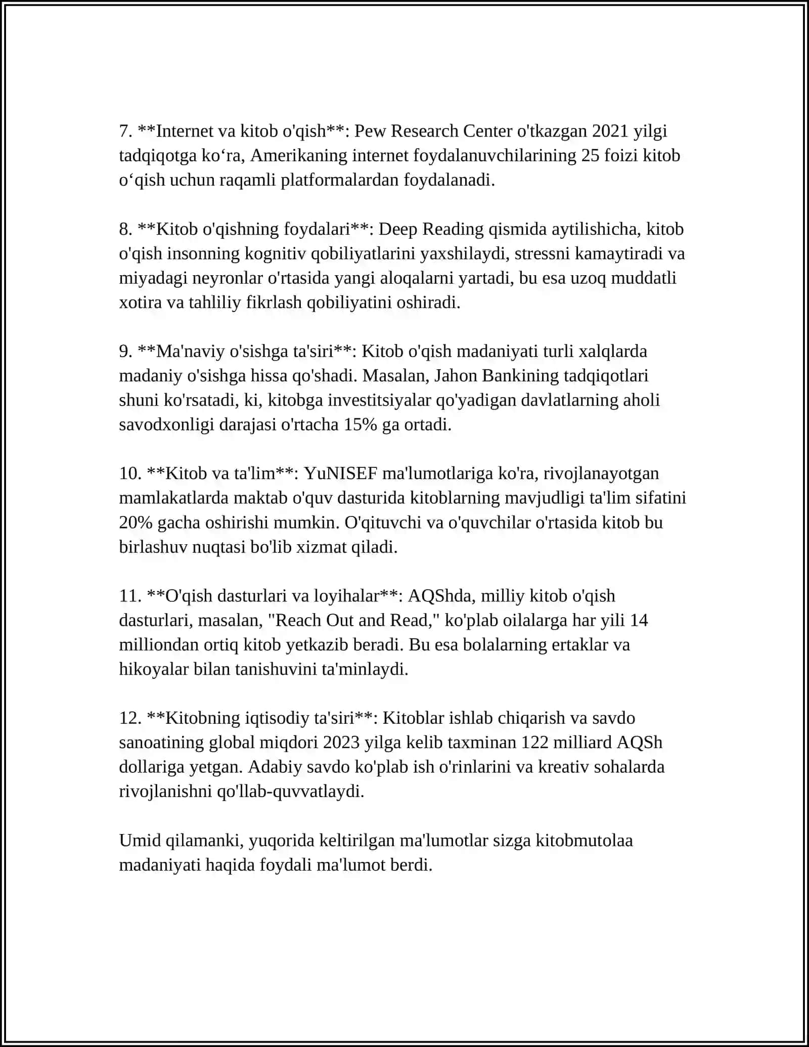 MUSTAQIL ISH Mavzu: KITOB MUTOLAASI VA KITOBXONLIKNI TARGʻIB QILISHNING KONSEPTUAL ASOSLARI 4