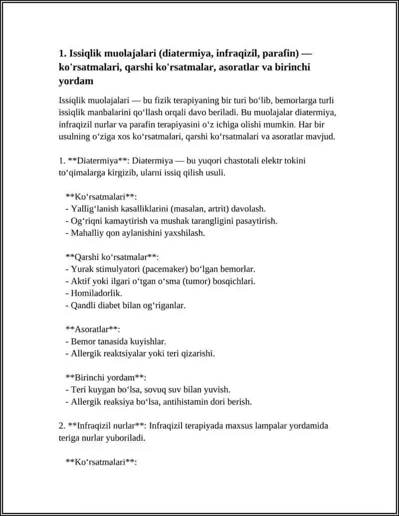 FIZI TERAPIYA MUOLAJALARI TURLARI QOLLASHIGA KORSATMA QARSHI KORSATMALAR ASORATI KORSATILGANDA BIRINCHI TIBBIY YORDAM KORSATILISHI 4