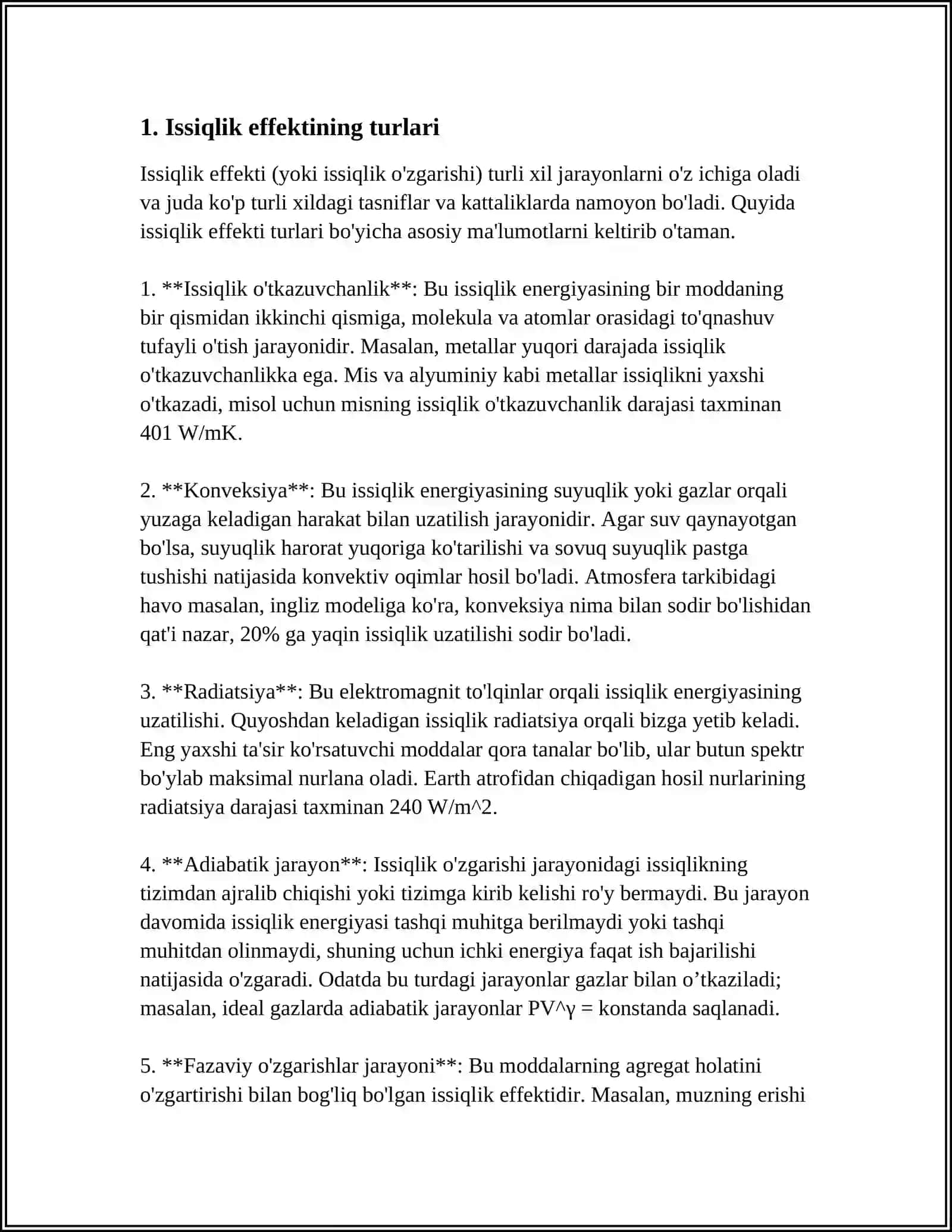ISSIQLIK EFFEKTINING TURLARI. STANDART SHAROIT VA STANDART ISSIQLIK EFFEKTI. TURLI FIZIK-KIMYOVIY JARAYONLARDA ISSIQLIK 4