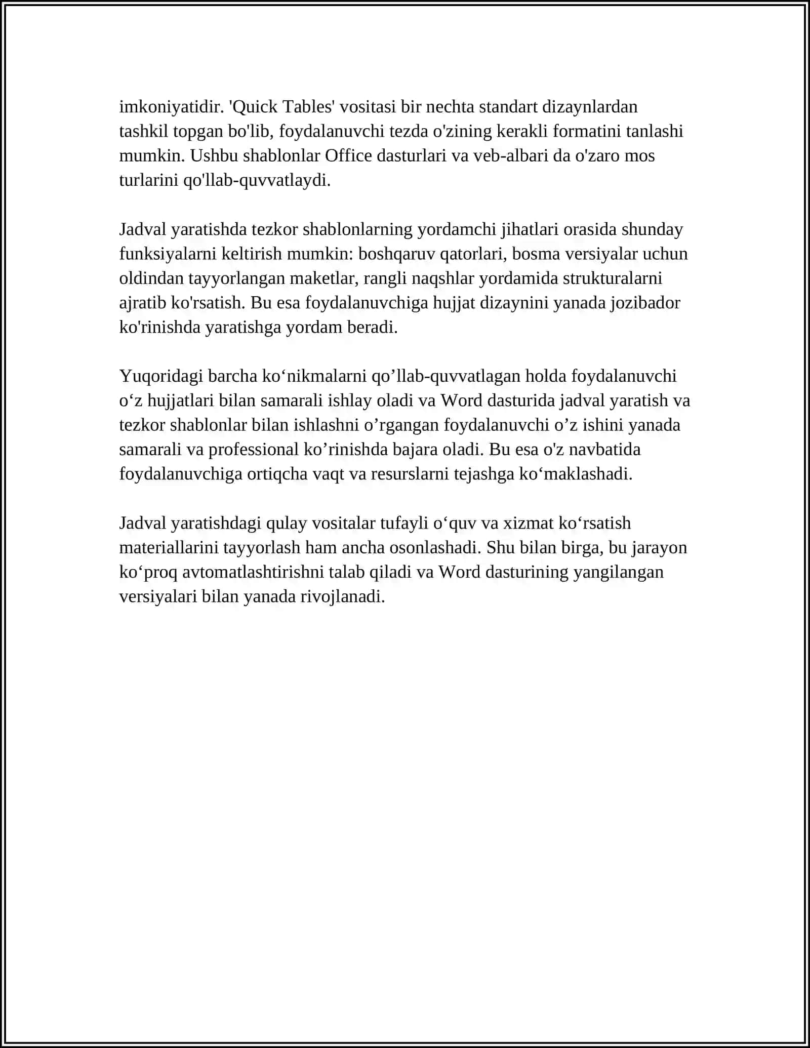 WORD MATN TAXRIRLAGICHIDA JADVAL, RASM FORMULA, MATNLAR STRUKTURASI BILAN ISHLASH 4