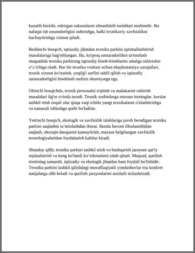 QURILISH TRESTI UCHUN AT ISHLAB CHIQISH. TEXNIKA PARKI MODULI 4