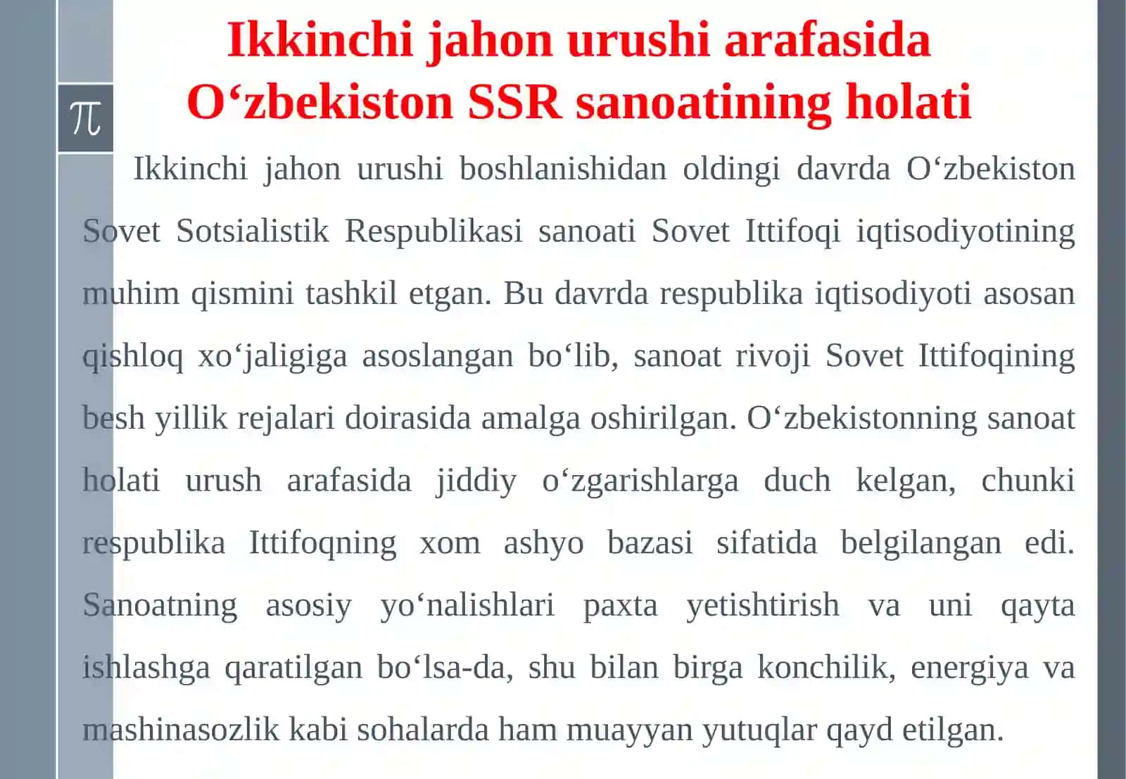 Ikkinchijahonurushi (1941–1945 yillar) yillari O‘zbekiston SSR iqtisodiyoti 4