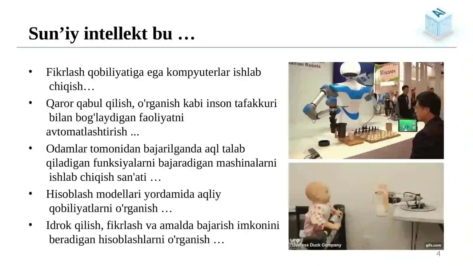 Sun’iy intellektga kirish. Asosiy tushunchalar va sohalarda qo‘llanilishi 4