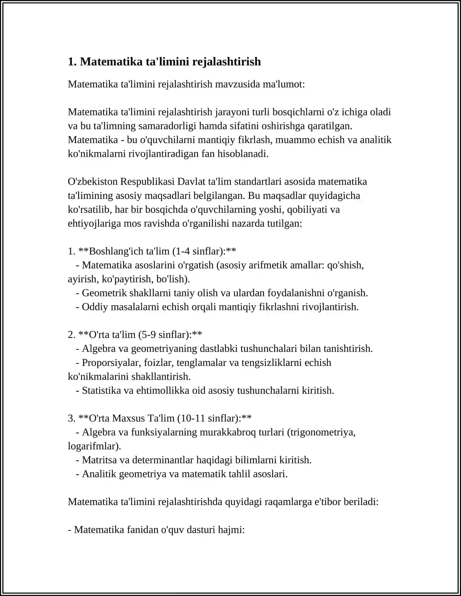 ELEMENTAR MATEMATIK TASAVVURLARNI RIVOJLANTIRISHGA OID ISHLARNI REJALASHTIRISH 4