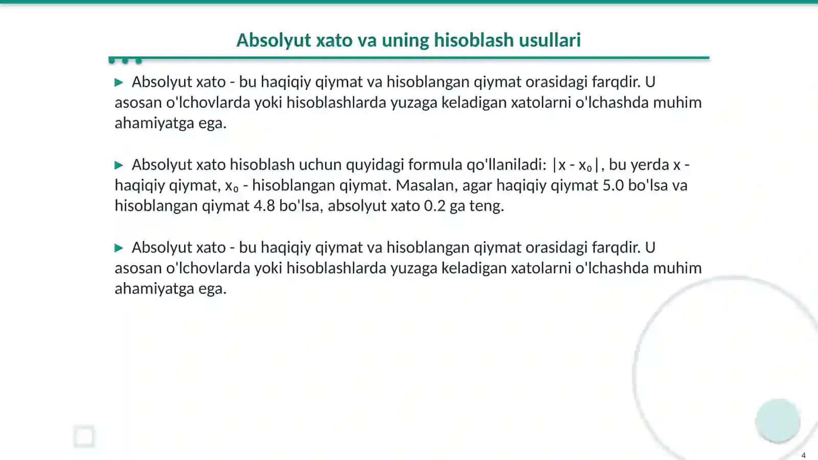 Taqribiy hisob absolyut va nisbiy xato sonlarni yaxlitlash usullari 4