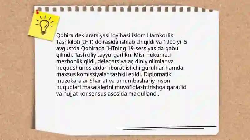 Qohira deklaratsiyasi tarixi va mazmuni borasida tahliliy maqola tayyorlash 4