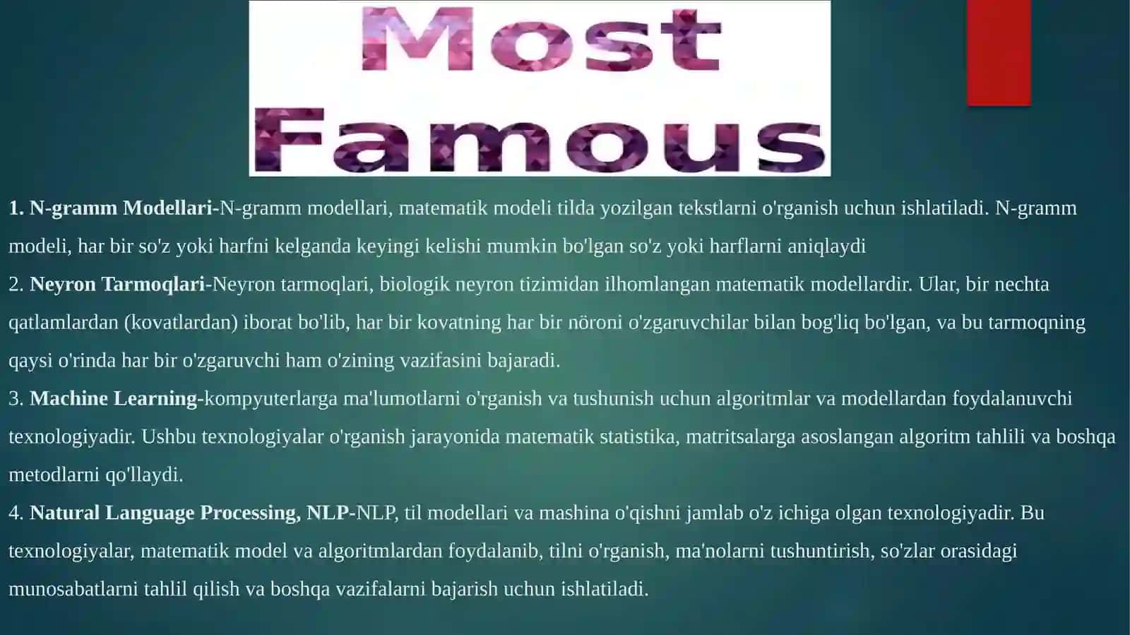 Ma'lumot olish uchun til modellaridan foydalanish (N-gramm, Neyron til modellari) 4