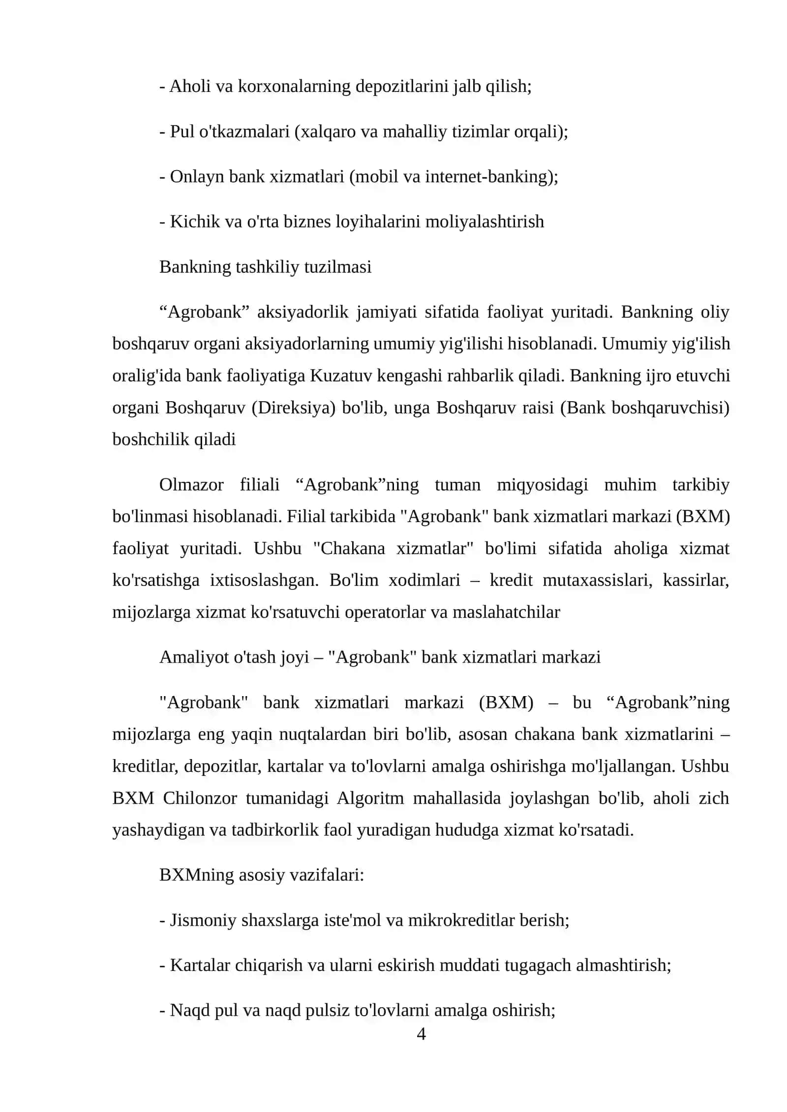 Agro bank(chakana xizmatlar boʻlimi) BITIRUV MALAKAVIY HISOBOTI 4