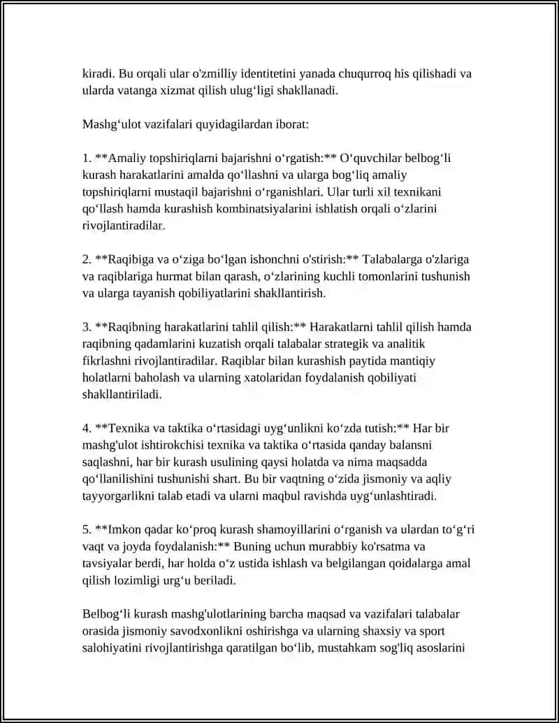 BELBOGLI KURASH MASHGULOTLARIDA DARS KONSPEKTI 4