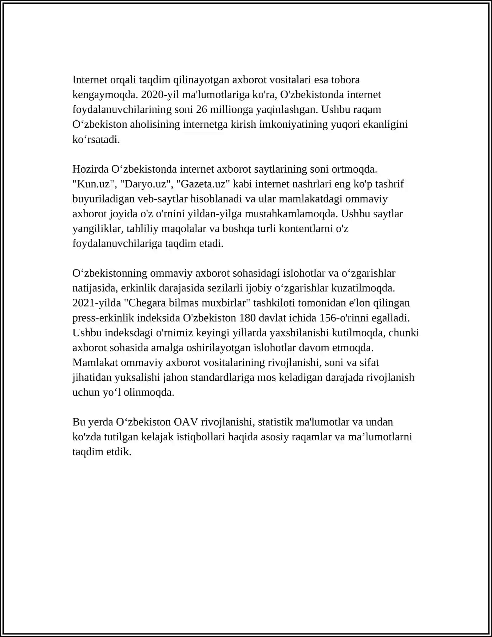 OʻZBEKISTON RESPUBLIKASI OMMAVIY AXBOROT VOSITALARINING FAOLIYATI REFARAT 4