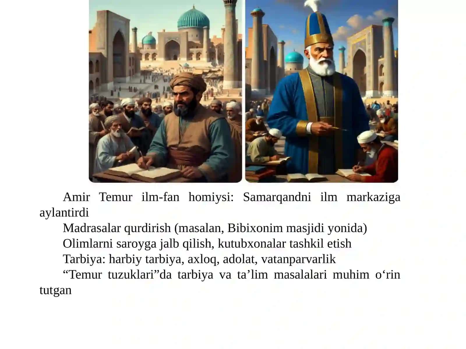 XIV asrning ikkinchi yarmi va XVI asrda Movaraunnahrda tarbiya, maktab va pedagogik fikrlar rivoji. XVII asrdan XIX asrning yarmigacha tarbiya, maktab va pedagogik fikrlar rivoji 4