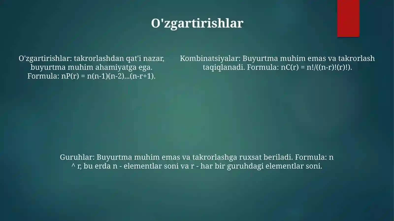 Kombinatorikaning Asosiy Qoidalari.O'Rin Almashtirishlar.O'Rinlashtirishlar Va Guruhlash Qoidalari 4